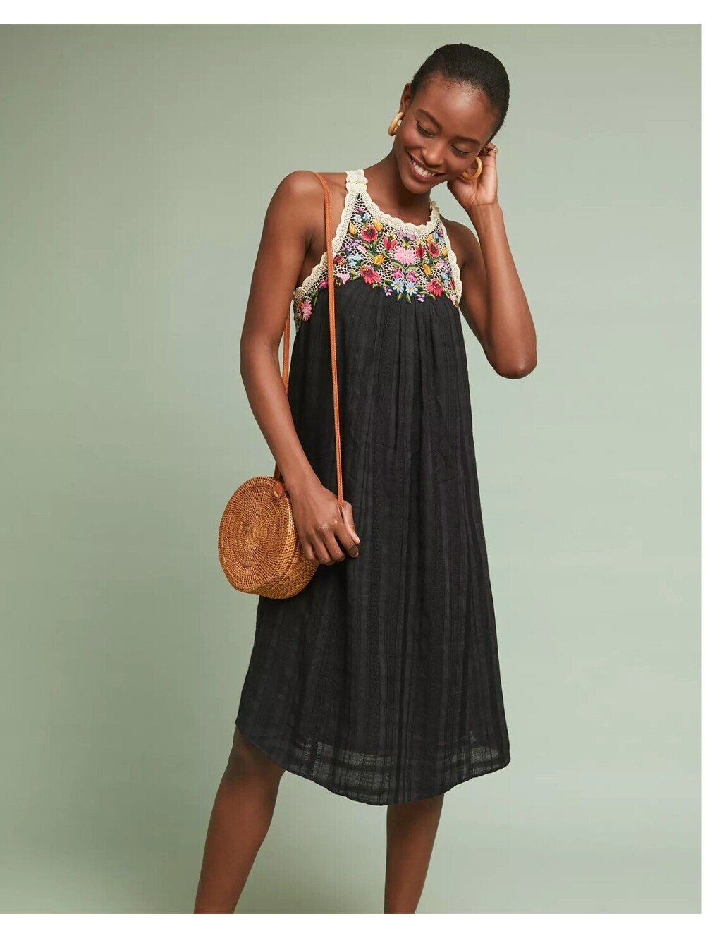 Anthropologie Akemi + Kin Mosley Dress SP Black Floral Embroidered Crochet Boho